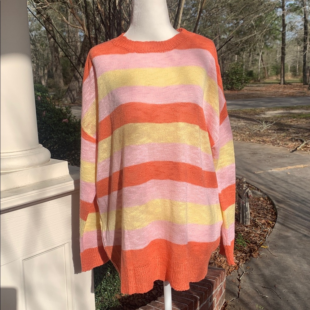 Pink Lily Lightweight Summer Sweater Striped Orange Yellow Pink Sz Small‎ EUC